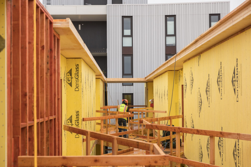 The Canyons RH construction cross laminated timber clt zigzag hallway