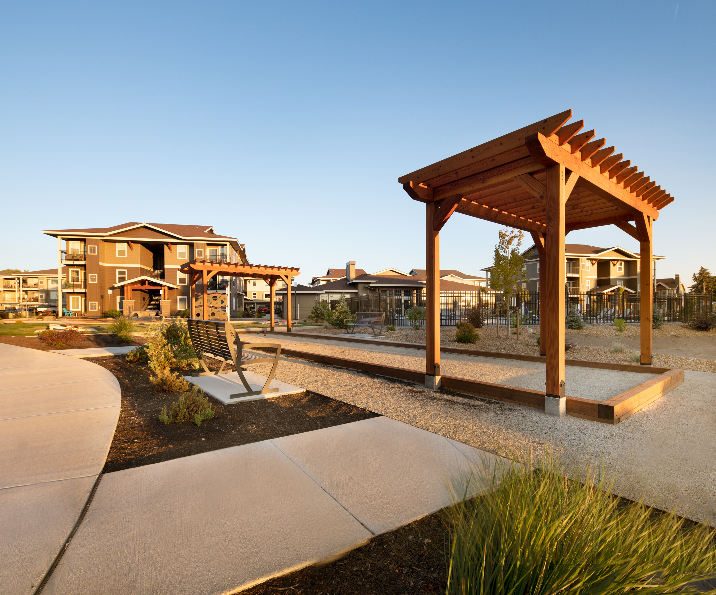 Outdoor pergola and bocce ball court